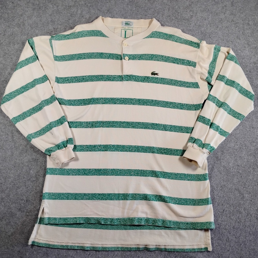 Vintage Izod Lacoste Henley Shirt Mens Large Green Cream Striped Long Sleeve 80s